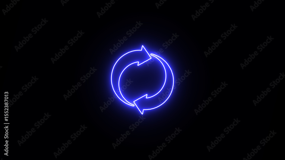 Poster glowing blue neon arrows in a circular motion against a dark background representing refresh reload 