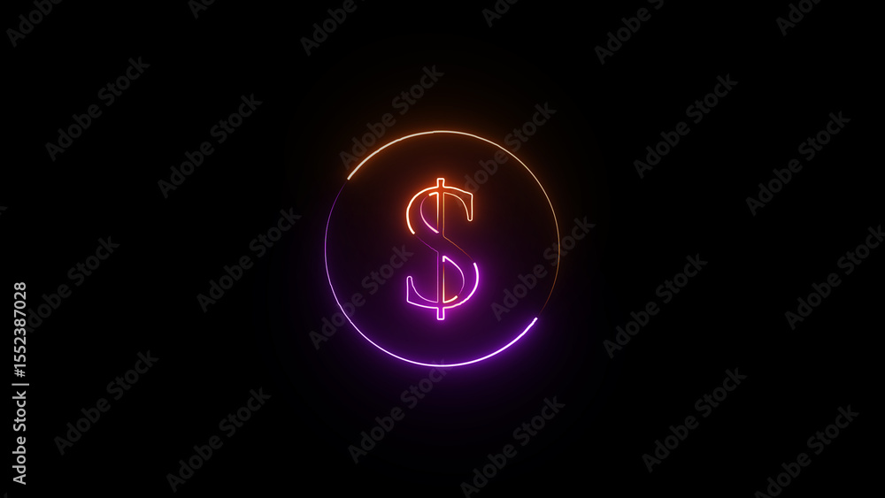Poster illuminated dollar sign inside circle glowing with neon gradient on dark background representing fin