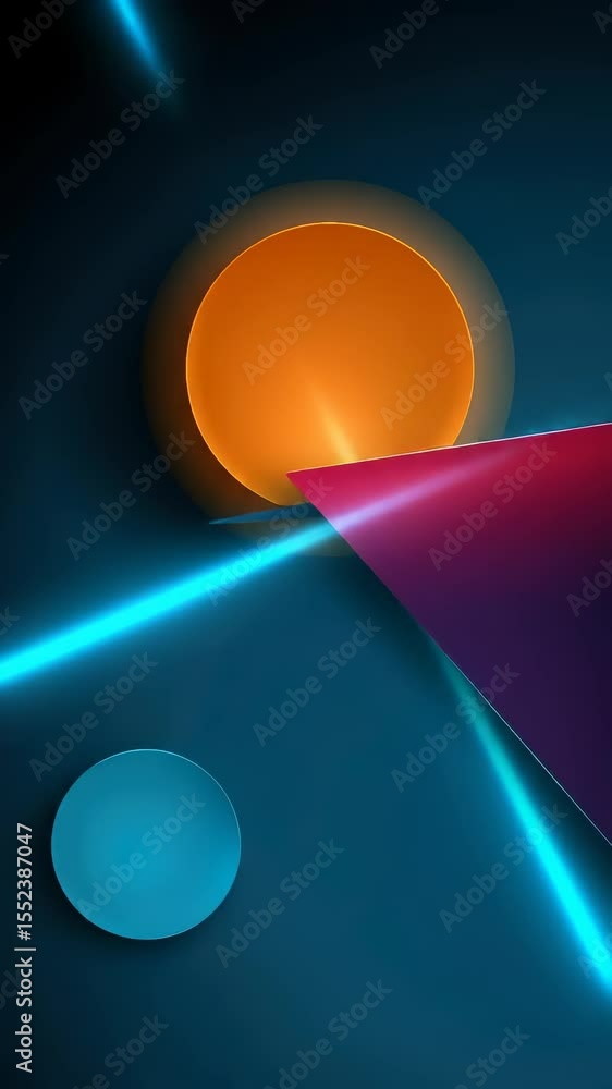 Poster a vibrant abstract composition with glowing geometric shapes, including a circle and triangle with n