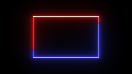 Animated abstract glowing rectangle with red top and blue bottom, neon light frame on a dark background perfect for modern technological designs and futuristic digital content.