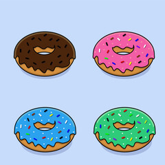 Vector illustration of donut set with 4 different flavors and toppings