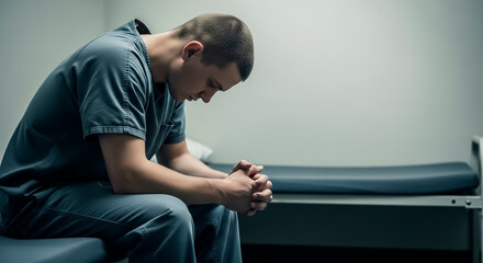 Depressed prisoner in gray jumpsuit with head down in a prison cell