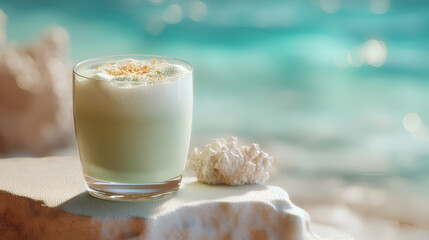 Refreshing beverage with frothy top, seaside bliss, evoking vacation vibes and tropical relaxation.