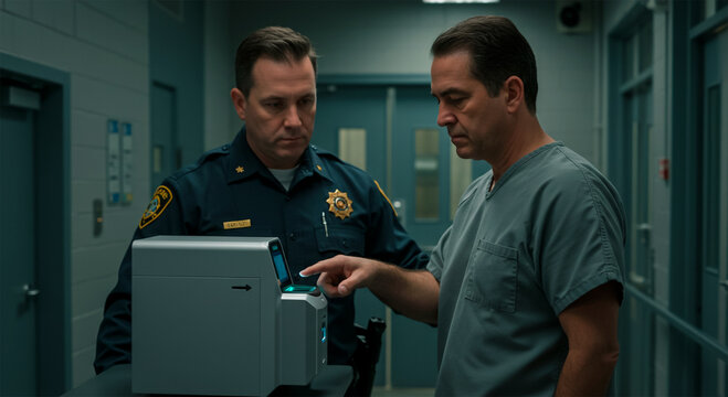 Prisoner under supervision undergoes biometric fingerprint scanning by police officer for identification