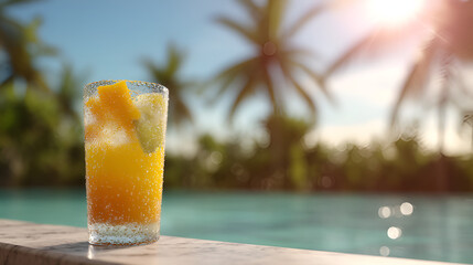 Refreshing fruit drink by pool in tropical setting. The condensation on glass is fresh and inviting.