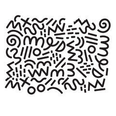 Memphis geometric seamless pattern. Monochrome abstract background in retro style with various shapes: circles, semicircles, dots, zigzags, spirals, wavy lines. 