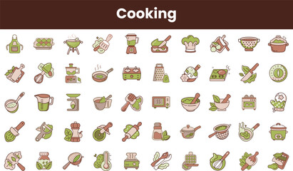 A colorful collection of cooking icons, showcasing various kitchen tools and ingredients in a minimalist design, perfect for culinary projects and recipes.