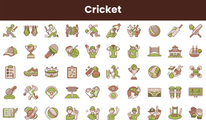 A vibrant collection of cricket-themed icons showcasing players, equipment, and trophies, capturing the spirit of the game in a colorful and engaging design.