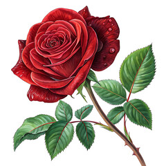 A detailed illustration of a red rose with green leaves on a white background in high resolution