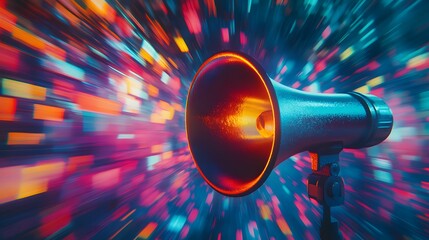 Striking megaphone positioned in a colorful tunnel illustrating the dynamic nature of digital marketing engagement