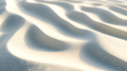 Waves of fine sand dunes under sunlight create a captivating desert-like landscape. Soft textures.