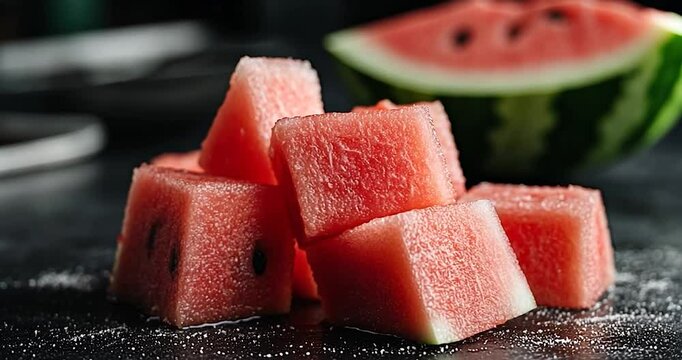 Close-up shot of fresh watermelon cubes with salt on a dark surface a watermelon slice and rind in the blurred background