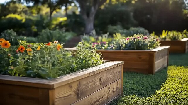 Sunlit garden with wooden planters, and flowers.