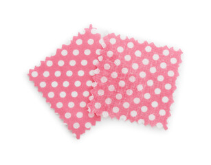 Samples of fabrics with polka dot pattern isolated on white, top view