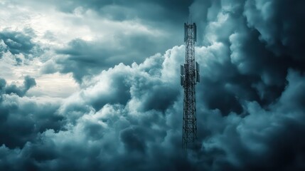 Dramatic Cell Tower Silhouetted Against Dark, Stormy, Textured Cloudscape