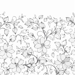 A set of elegant black line flower vectors in horizontal layout, perfect as decorative borders with space for text or copy. Delicate hand-drawn floral designs on a clean white background.