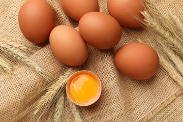 Raw eggs and spikes of wheat on fabric, flat lay