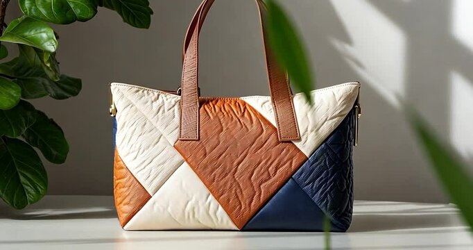 Artisanal handbag with geometric color blocking featuring beige brown and navy tones against a minimalist white backdrop with side plant
