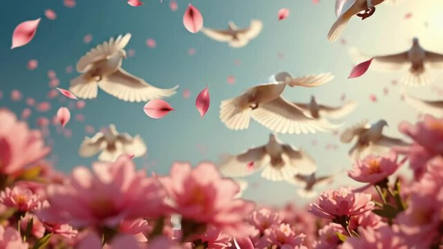 White Doves Flying Over Pink Flowers