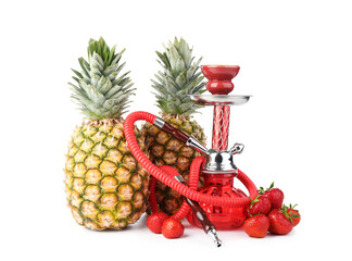 Red traditional hookah, pineapples and strawberries isolated on white