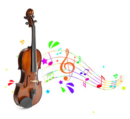 Classic violin on white background. Colorful music notes, droplets and stars flowing from instrument
