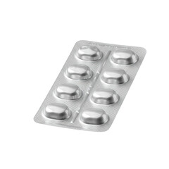 Silver blister pack mockup image isolated on transparent background. use cases: medical, pharmaceutical.