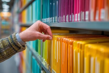 Person selecting vibrant colored file folders from organized office bookcase, emphasizing workplace efficiency