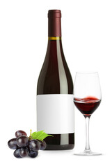 Luxurious red wine in bottle with blank label, glass and grapes isolated on white