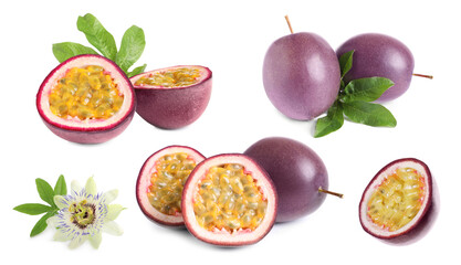 Passion fruits, flower and green leaves isolated on white, set