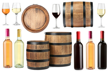 Different types of wine, set. Bottles, glasses and barrels isolated on white
