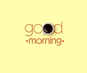 Morning good only with coffee. Inscription with cup of hot drink instead of letter O on beige background, top view