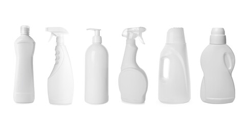 Bottles with detergents isolated on white, set