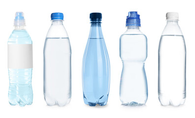Plastic bottles with water on white background, set