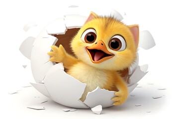 A cute cartoon baby chick hatches from an egg isolated on white background