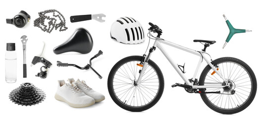 Bicycle, its parts and accessories on white background, collage