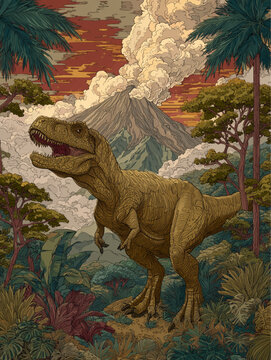 Tyrannosaurus in Jungle with Volcano Illustration


