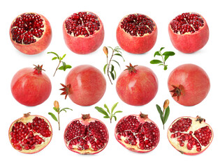 Pomegranate fruits and green leaves isolated on white, set