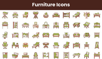 A diverse collection of furniture icons featuring various styles and designs in soft green and earthy tones, perfect for interior design projects or apps.