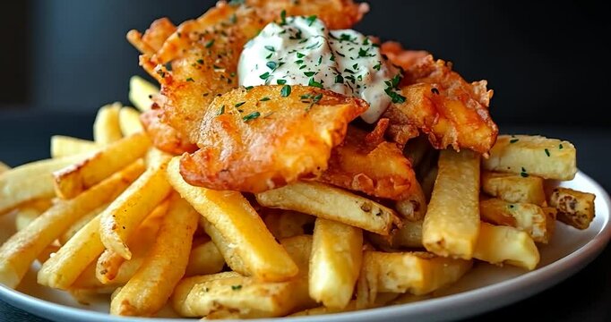 Video of Crispy fried fish and chips with tartar sauce on a white plate against a dark background. Golden brown seafood and fries in close-up
