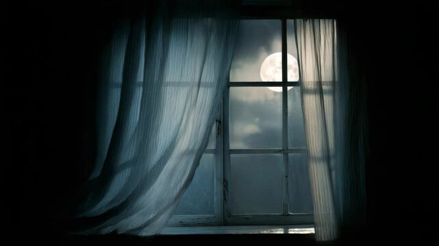 Full moon shining through vintage window with flowing curtains on a quiet night
