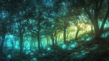 Obraz premium Enchanted Forest Glows with Bioluminescent Flora and Sunlight Through the Canopy