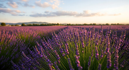 Lavender field at sunset, rows of purple flowers, scenic landscape. 