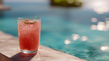 Refreshing pink drink by the pool. A perfect thirst quencher on a hot summer day. Stay cool and hydrated!