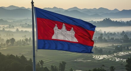 Cambodian Flag Waving Over Misty Rice Terraces at Sunrise