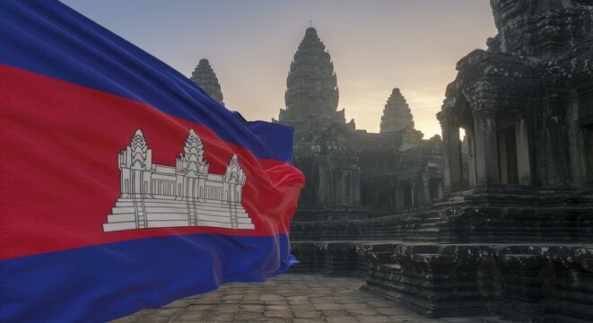 Cambodian Flag Waving Proudly at Angkor Wat Temple During Sunris
