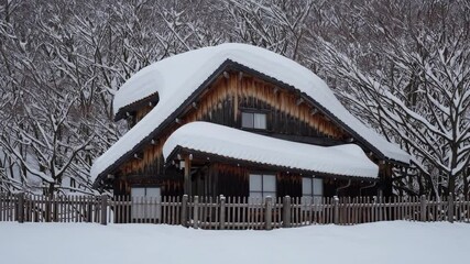 Snow covered traditional wooden farmhouse with a wooden fence in front of a snowy forest in Hokkaido, Japan, creating a serene winter landscape - Powered by Adobe