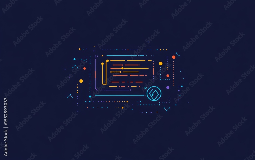Poster abstract digital circuit design on dark background, featuring colorful lines and dots