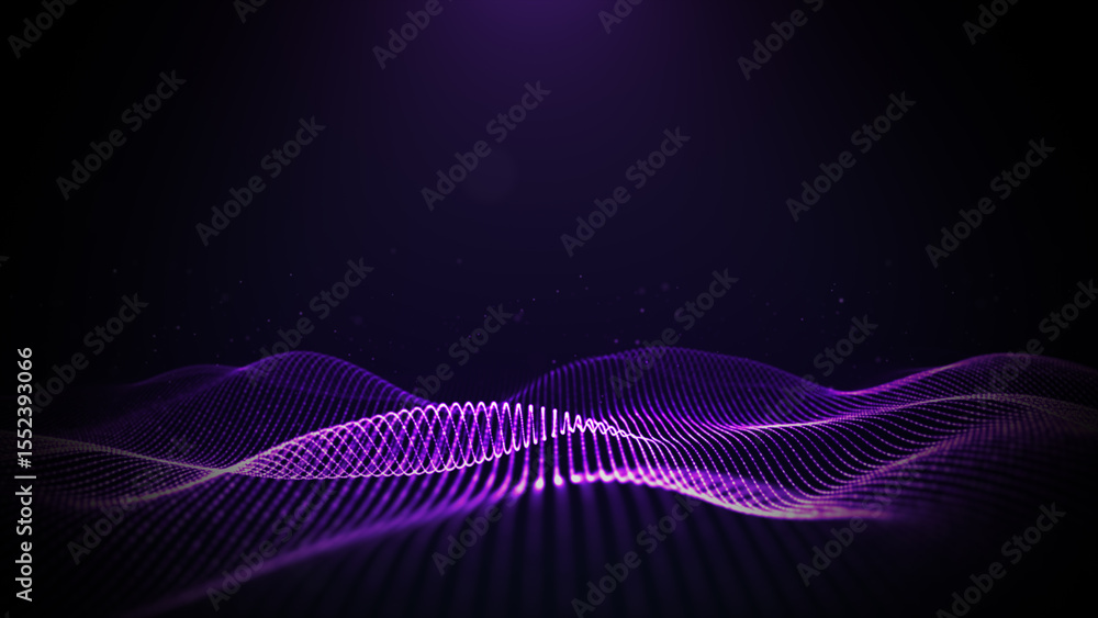 Poster 3d glowing purple grid wave flowing over a dark background, ideal for futuristic tech, data, and dig
