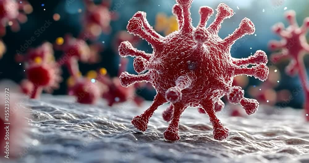 Poster close up view of a red virus cell floating on a blue background with blurry light particles and whit