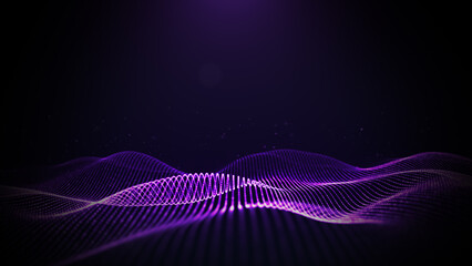 3D glowing purple grid wave flowing over a dark background, ideal for futuristic tech, data, and digital concept visuals in design and multimedia. 3d Rendering